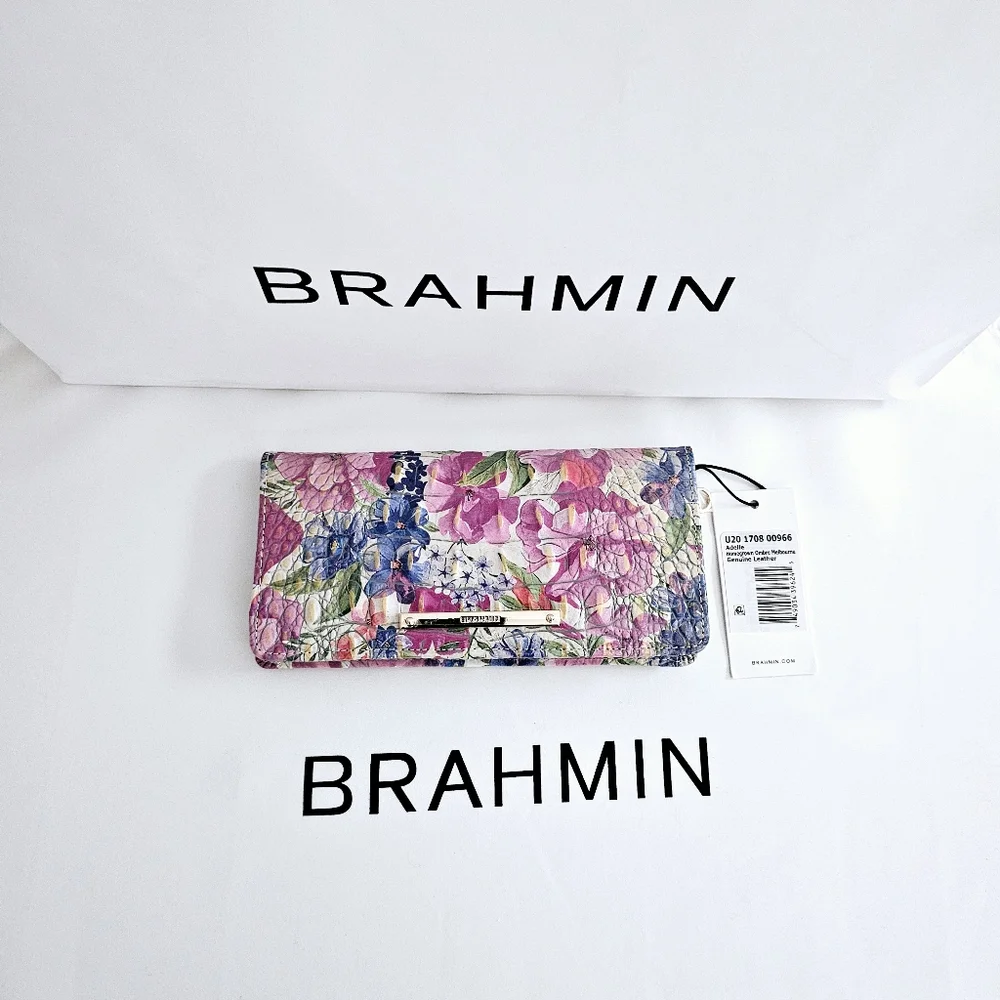 Brahmin Floral Leather Wallet in Pink, Blue, Green